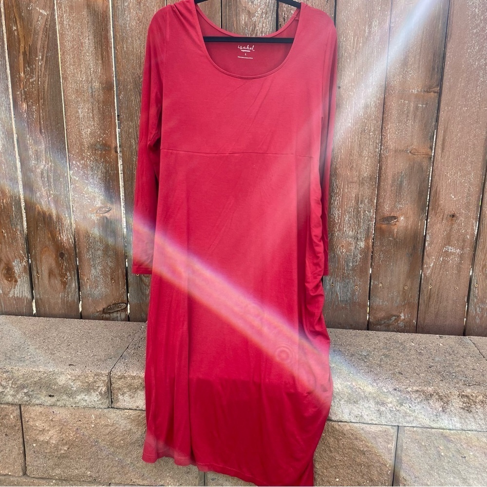 INGRID ISABEL Women’s Red Dress Ruched Long Sleeve Round Neck Maxi Size Large